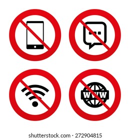 Nein, Verbote oder Stoppschilder. Kommunikationssymbole. Symbole für Smartphone- und Chat-Sprechblasen. WLAN und Internet-Globalzeichen. Verboten sind rote Symbole. Vektorgrafik