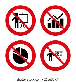 No, Ban or Stop signs. Diagram graph Pie chart icon. Presentation billboard symbol. Man standing with pointer sign. Prohibition forbidden red symbols. Vector