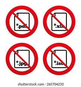 No, Ban or Stop signs. Download document icons. File extensions symbols. PDF, XLS, JPG and ISO virtual drive signs. Prohibition forbidden red symbols. Vector