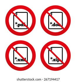 No, Ban or Stop signs. Download document icons. File extensions symbols. PDF, ZIP zipped, XML and DOC signs. Prohibition forbidden red symbols. Vector