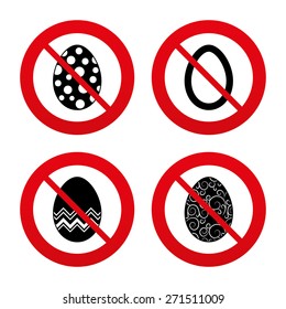 No, Ban or Stop signs. Easter eggs icons. Circles and floral patterns symbols. Tradition Pasch signs. Prohibition forbidden red symbols. Vector