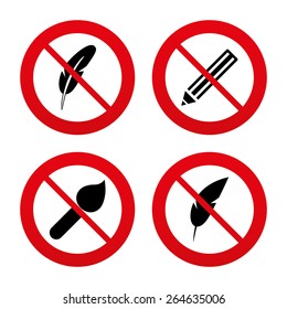 No, Ban or Stop signs. Feather retro pen icons. Paint brush and pencil symbols. Artist tools signs. Prohibition forbidden red symbols. Vector