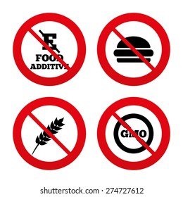 No, Ban or Stop signs. Food additive icon. Hamburger fast food sign. Gluten free and No GMO symbols. Without E acid stabilizers. Prohibition forbidden red symbols. Vector