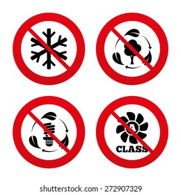 No, Ban or Stop signs. Fresh air icon. Forest tree with leaves sign. Fluorescent energy lamp bulb symbol. A-class ventilation. Air conditioning symbol. Prohibition forbidden red symbols. Vector