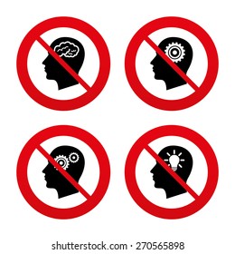 No, Ban or Stop signs. Head with brain and idea lamp bulb icons. Male human think symbols. Cogwheel gears signs. Prohibition forbidden red symbols. Vector