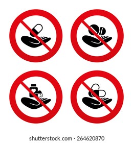 No, Ban or Stop signs. Helping hands icons. Medical health insurance symbols. Drugs pills bottle signs. Medicine tablets. Prohibition forbidden red symbols. Vector
