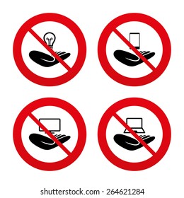 No, Ban or Stop signs. Helping hands icons. Intellectual property insurance symbol. Smartphone, TV monitor and pc notebook sign. Device protection. Prohibition forbidden red symbols. Vector
