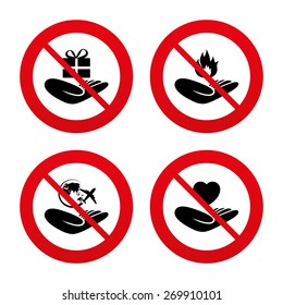 No, Ban or Stop signs. Helping hands icons. Health and travel trip insurance symbols. Gift present box sign. Fire protection. Prohibition forbidden red symbols. Vector
