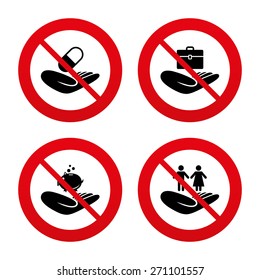 No, Ban or Stop signs. Helping hands icons. Protection and insurance symbols. Financial money savings, health medical insurance. Human couple life sign. Prohibition forbidden red symbols. Vector