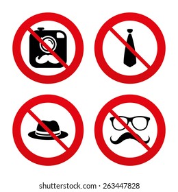 No, Ban or Stop signs. Hipster photo camera with mustache icon. Glasses and tie symbols. Classic hat headdress sign. Prohibition forbidden red symbols. Vector