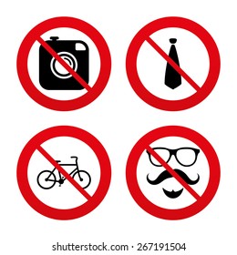 No, Ban or Stop signs. Hipster photo camera. Mustache with beard icon. Glasses and tie symbols. Bicycle sign. Prohibition forbidden red symbols. Vector