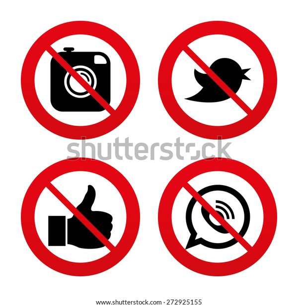 いいえ 禁止 停止 の標識 ヒップスターのフォトカメラアイコン と呼び出しの吹き出し記号鳥の記号 ソーシャルメディアのアイコン 禁止する赤い記号 ベクター画像 のベクター画像素材 ロイヤリティフリー
