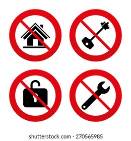 No, Ban or Stop signs. Home key icon. Wrench service tool symbol. Locker sign. Main page web navigation. Prohibition forbidden red symbols. Vector
