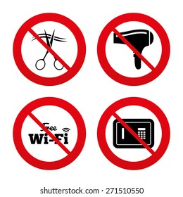 No, Ban or Stop signs. Hotel services icons. Wi-fi, Hairdryer and deposit lock in room signs. Wireless Network. Hairdresser or barbershop symbol. Prohibition forbidden red symbols. Vector