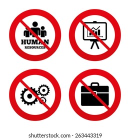 No, Ban or Stop signs. Human resources and Business icons. Presentation board with charts signs. Case and gear symbols. Prohibition forbidden red symbols. Vector