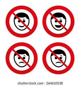 No, Ban or Stop signs. Human smile face icons. Happy, sad, cry signs. Happy smiley chat symbol. Sadness depression and crying signs. Prohibition forbidden red symbols. Vector