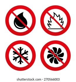 No, Ban or Stop signs. HVAC icons. Heating, ventilating and air conditioning symbols. Water supply. Climate control technology signs. Prohibition forbidden red symbols. Vector