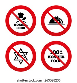 No, Ban or Stop signs. Kosher food product icons. Chef hat with fork and spoon sign. Star of David. Natural food symbols. Prohibition forbidden red symbols. Vector 