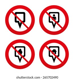 No, Ban or Stop signs. Map square pointer icons. Home, food and user location symbols. Restaurant and cupcake signs. You are here. Prohibition forbidden red symbols. Vector
