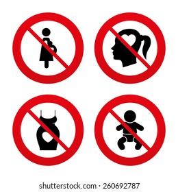 No, Ban or Stop signs. Maternity icons. Baby infant, pregnancy and dress signs. Head with heart symbol. Prohibition forbidden red symbols. Vector