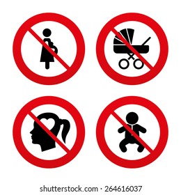 No, Ban or Stop signs. Maternity icons. Baby infant, pregnancy and buggy signs. Baby carriage pram stroller symbols. Head with heart. Prohibition forbidden red symbols. Vector