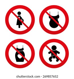 No, Ban or Stop signs. Maternity icons. Baby infant, pregnancy and shirt signs. Dress with heart symbol. Prohibition forbidden red symbols. Vector