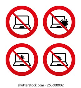 No, Ban or Stop signs. Notebook laptop pc icons. Virus or software bug signs. Shield protection symbol. Mouse cursor pointer. Prohibition forbidden red symbols. Vector