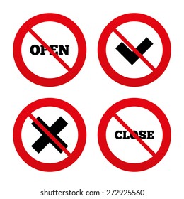 No, Ban or Stop signs. Open and Close icons. Check or Tick. Delete remove signs. Yes correct and cancel symbol. Prohibition forbidden red symbols. Vector