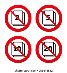 No, Ban or Stop signs. In pack sheets icons. Quantity per package symbols. 2, 5, 10 and 20 paper units in the pack signs. Prohibition forbidden red symbols. Vector