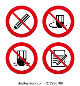 No, Ban or Stop signs. Pencil icon. Edit document file. Eraser sign. Correct drawing symbol. Prohibition forbidden red symbols. Vector