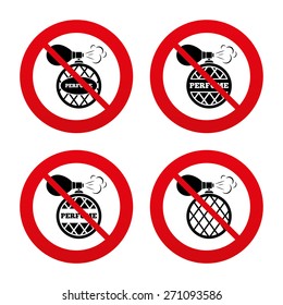 No, Ban or Stop signs. Perfume bottle icons. Glamour fragrance sign symbols. Prohibition forbidden red symbols. Vector