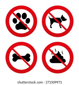 No, Ban or Stop signs. Pets icons. Dog paw and feces signs. Clean up after pets. Pets food. Prohibition forbidden red symbols. Vector