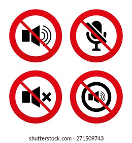 No, Ban or Stop signs. Player control icons. Sound, microphone and mute speaker signs. No sound symbol. Prohibition forbidden red symbols. Vector