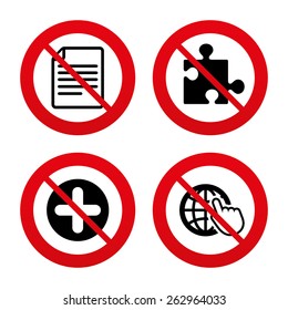 No, Ban or Stop signs. Plus add circle and puzzle piece icons. Document file and globe with hand pointer sign symbols. Prohibition forbidden red symbols. Vector
