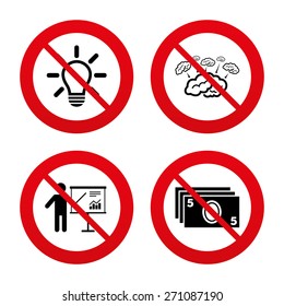 No, Ban or Stop signs. Presentation billboard, brainstorm icons. Cash money and lamp idea signs. Man standing with pointer. Scheme and Diagram symbol. Prohibition forbidden red symbols. Vector