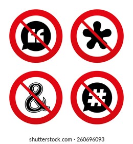 No, Ban Or Stop Signs. Quote, Asterisk Footnote Icons. Hashtag Social Media And Ampersand Symbols. Programming Logical Operator AND Sign. Speech Bubble. Prohibition Forbidden Red Symbols. Vector