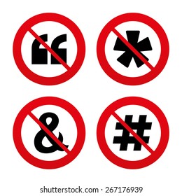 No, Ban Or Stop Signs. Quote, Asterisk Footnote Icons. Hashtag Social Media And Ampersand Symbols. Programming Logical Operator AND Sign. Prohibition Forbidden Red Symbols. Vector