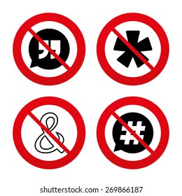 No, Ban Or Stop Signs. Quote, Asterisk Footnote Icons. Hashtag Social Media And Ampersand Symbols. Programming Logical Operator AND Sign. Speech Bubble. Prohibition Forbidden Red Symbols. Vector