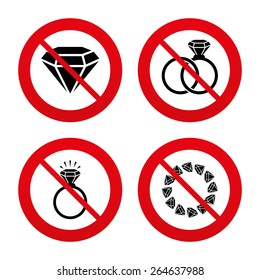No, Ban or Stop signs. Rings icons. Jewelry with shine diamond signs. Wedding or engagement symbols. Prohibition forbidden red symbols. Vector