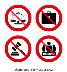 No, Ban or Stop signs. Scales of Justice icon. Group of clients symbol. Auction hammer sign. Law judge gavel. Court of law. Prohibition forbidden red symbols. Vector
