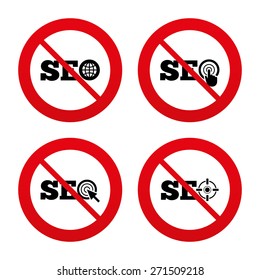 No, Ban or Stop signs. SEO icons. Search Engine Optimization symbols. World globe and mouse or hand cursor pointer signs. Prohibition forbidden red symbols. Vector
