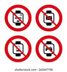 No, Ban or Stop signs. Smart watch icons. Wrist digital time watch symbols. Mail, Game joystick and wi-fi signs. Prohibition forbidden red symbols. Vector 