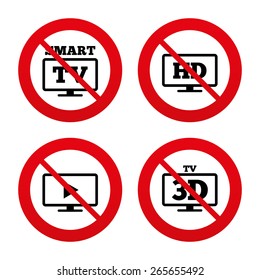 No, Ban or Stop signs. Smart TV mode icon. Widescreen symbol. High-definition resolution. 3D Television sign. Prohibition forbidden red symbols. Vector