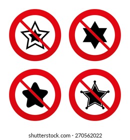No, Ban or Stop signs. Star of David icons. Sheriff police sign. Symbol of Israel. Prohibition forbidden red symbols. Vector