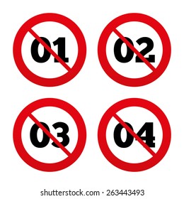 No, Ban or Stop signs. Step one, two, three and four icons. Sequence of options symbols. Loading process signs. Prohibition forbidden red symbols. Vector 