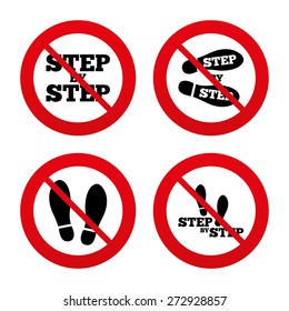 No, Ban or Stop signs. Step by step icons. Footprint shoes symbols. Instruction guide concept. Prohibition forbidden red symbols. Vector