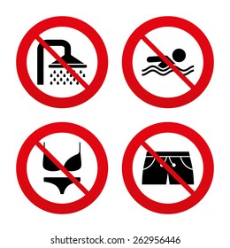 No, Ban or Stop signs. Swimming pool icons. Shower water drops and swimwear symbols. Human swims in sea waves sign. Trunks and women underwear. Prohibition forbidden red symbols. Vector