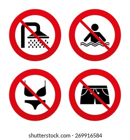 No, Ban or Stop signs. Swimming pool icons. Shower water drops and swimwear symbols. Human stands in sea waves sign. Trunks and women underwear. Prohibition forbidden red symbols. Vector