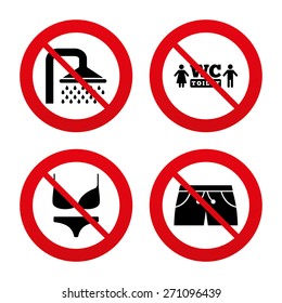 No, Ban or Stop signs. Swimming pool icons. Shower water drops and swimwear symbols. WC Toilet sign. Trunks and women underwear. Prohibition forbidden red symbols. Vector
