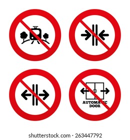 No, Ban or Stop signs. Train railway icon. Overground transport. Automatic door symbol. Way out arrow sign. Prohibition forbidden red symbols. Vector